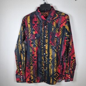 Cowboy Pearl Snap Southwestern Geometric Print Long Sleeve Button Up‎ Platini LG